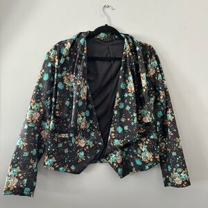 Black and Green Floral Blazer with Draped Open Front